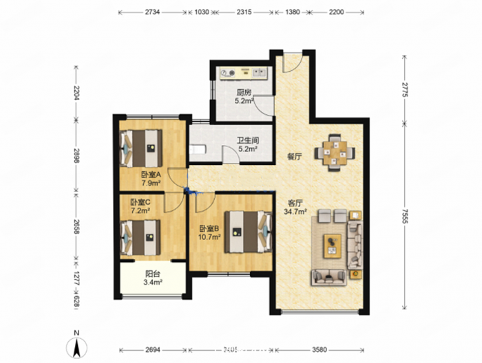 中港翡翠城 2室2厅1卫 90m&sup2;