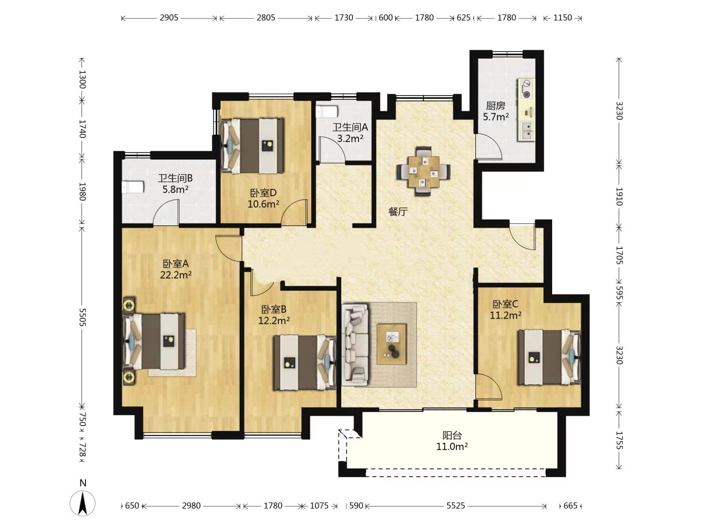 中南万科大都会 4室2厅2卫 154m²
