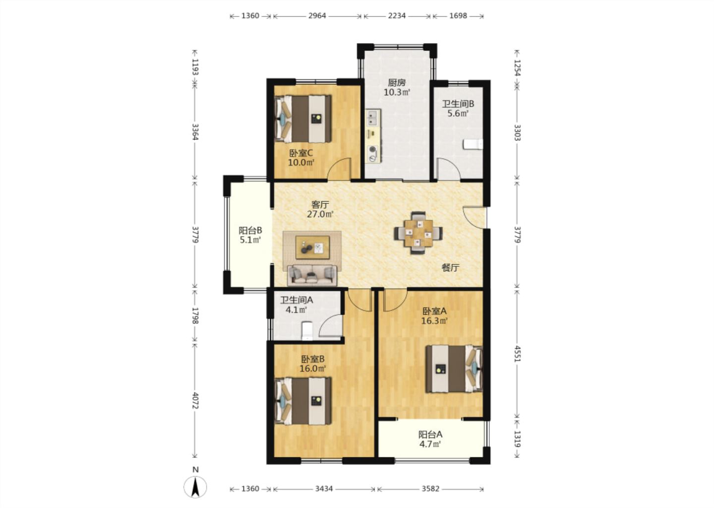 龙田花苑一期 3室2厅2卫 133m&sup2;