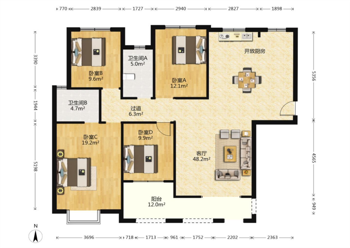 华强城 4室2厅2卫 166.00m&sup2;