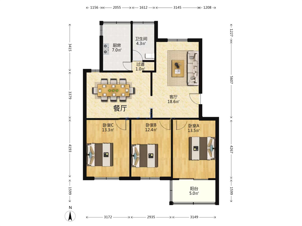 北濠桥东村 3室2厅1卫 108.5m&sup2;