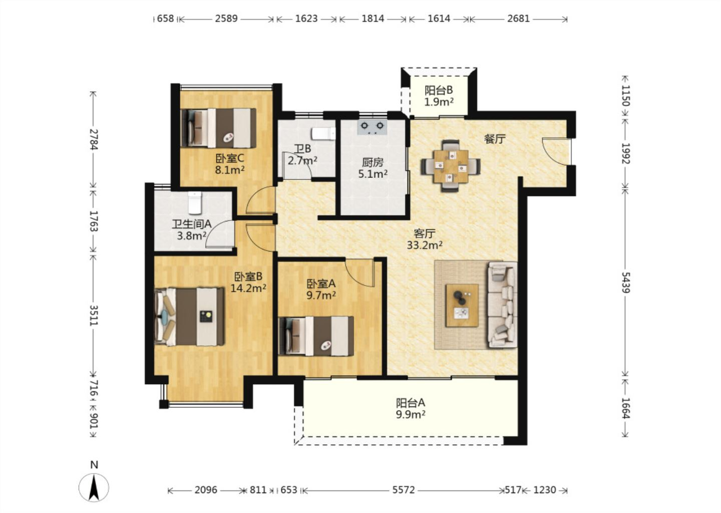雍华府 3室2厅2卫 114m&sup2;