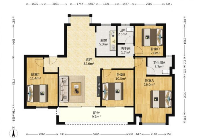 佳期漫 4室2厅1卫 120m&sup2;