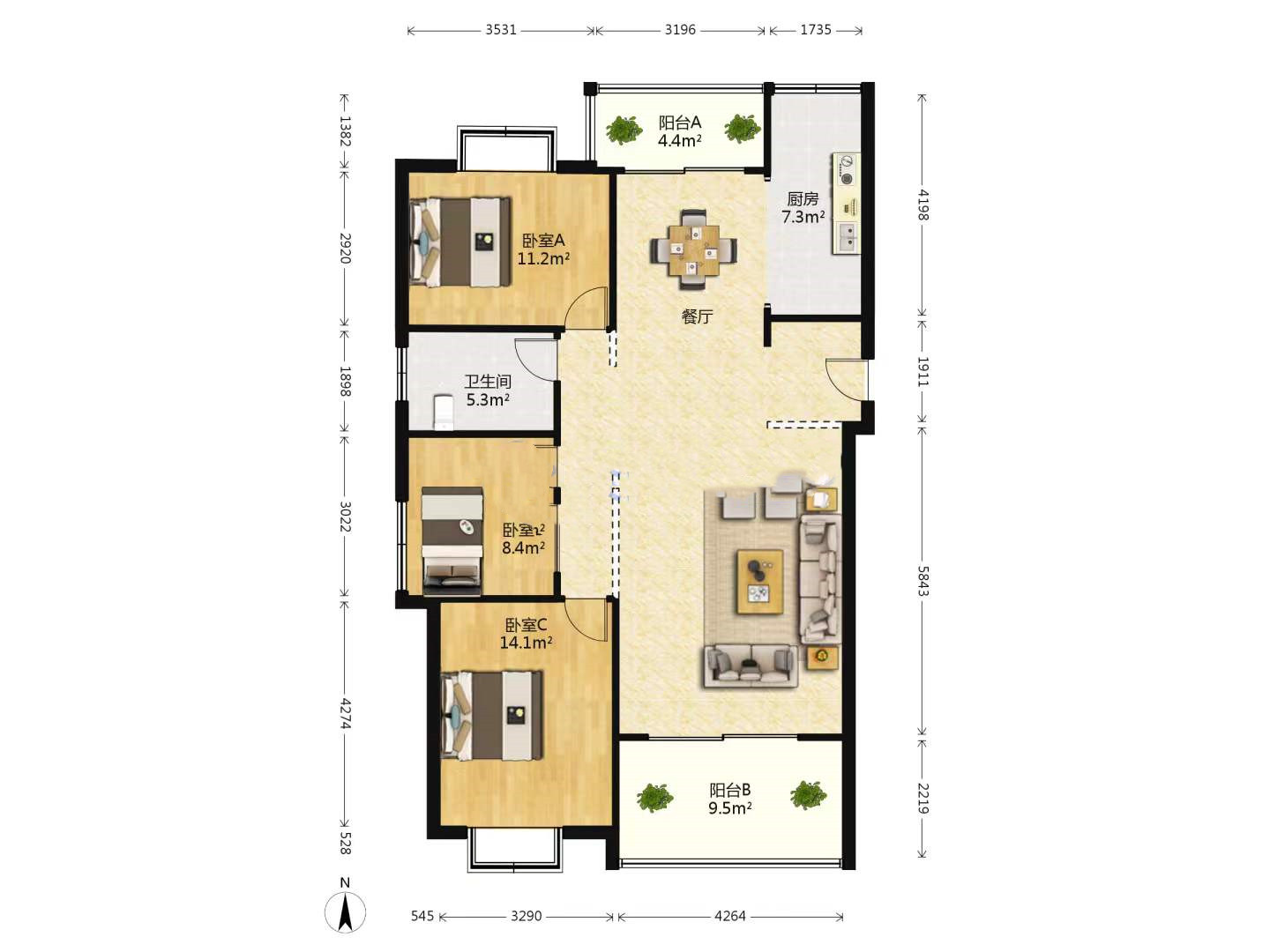 中南世纪城北区 3室2厅1卫 144.00m&sup2;