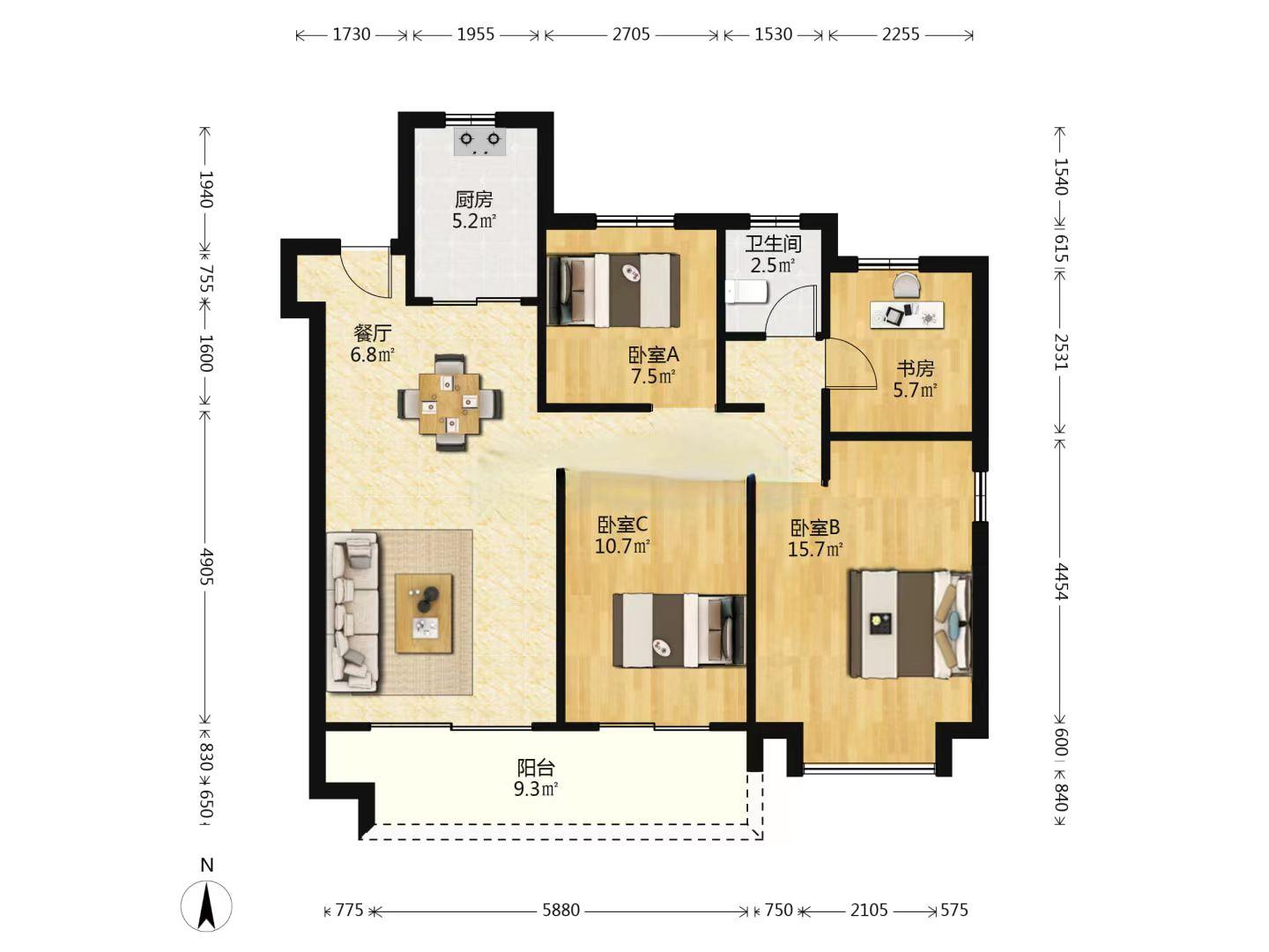 绿地江海图 3室2厅2卫 120m&sup2;