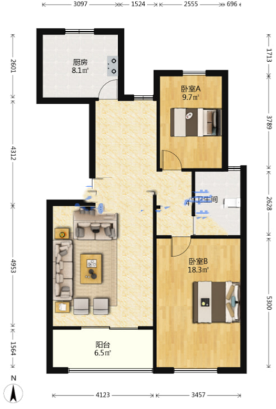 莱茵河畔 2室2厅1卫 105.65m&sup2;