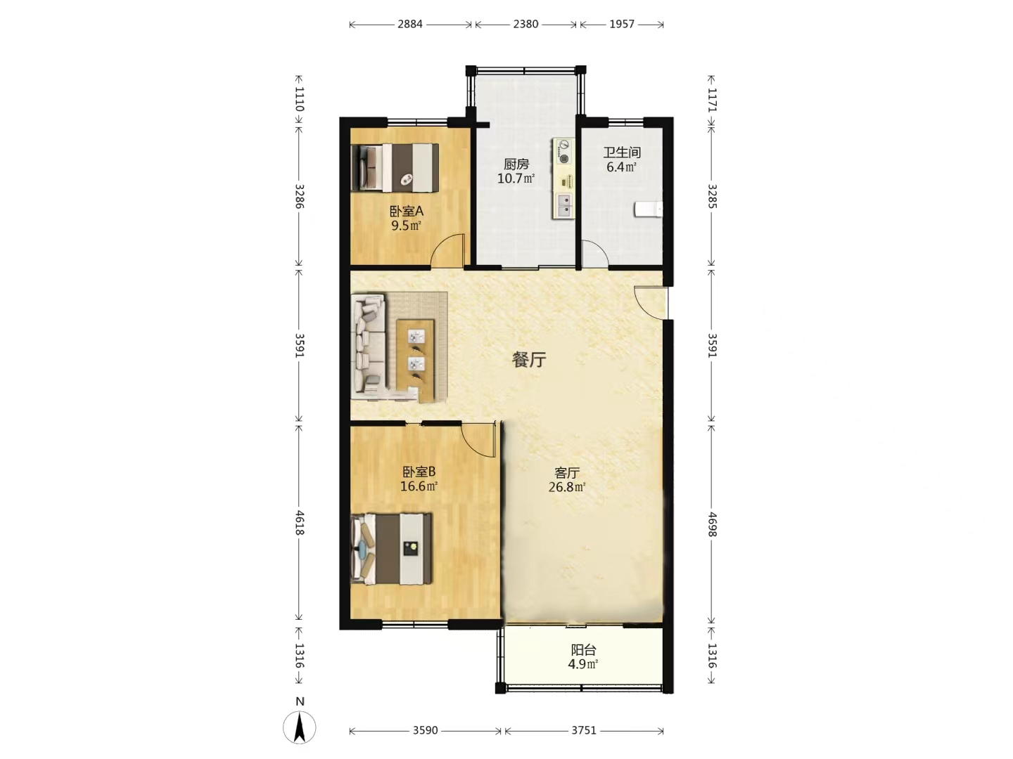 和盛林荫水岸 2室2厅1卫 98m&sup2;