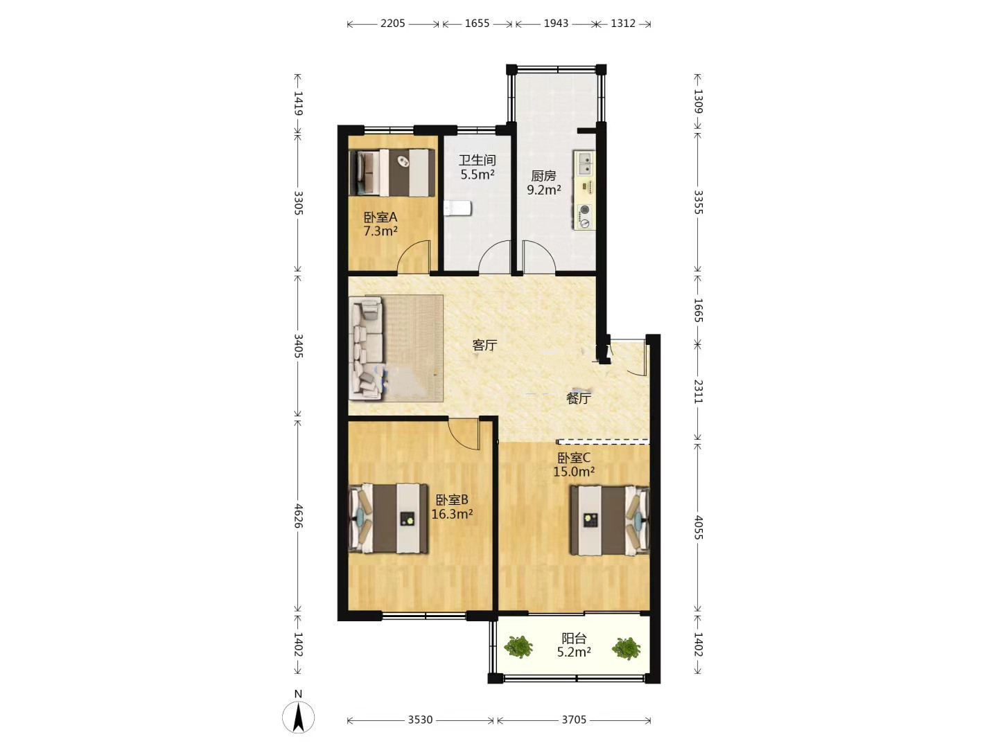 滨河东城 5室1厅1卫 96.00m&sup2;