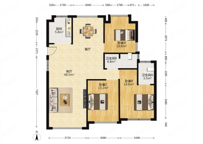 中南世纪花城二期 3室2厅2卫 134m&sup2;