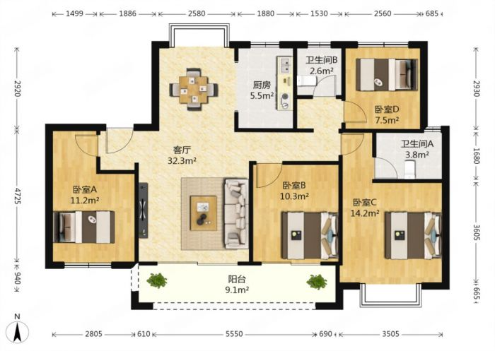 佳期漫 4室2厅2卫 122.7m&sup2;