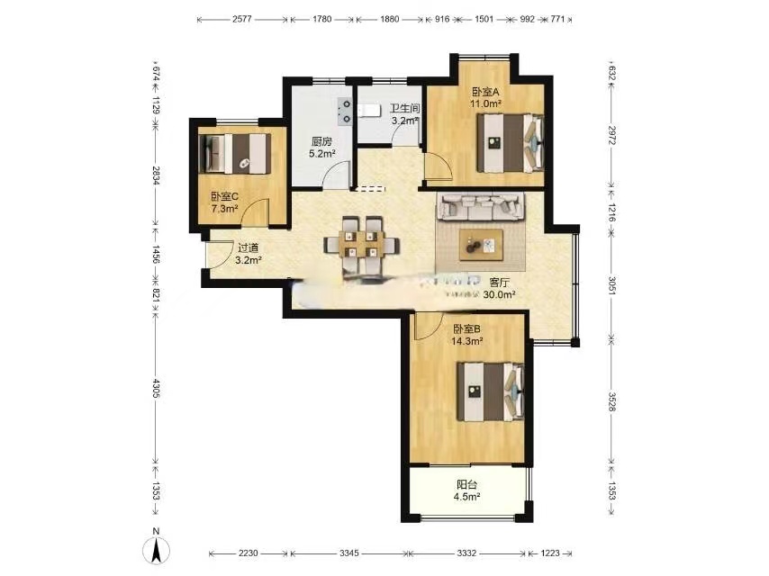 德诚&middot;翰景园 3室厅卫 90m&sup2;
