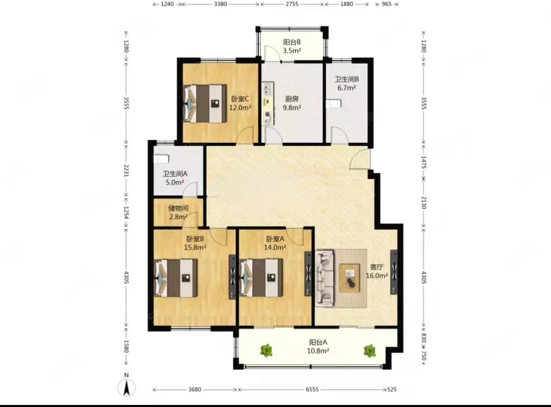 丽康花园 3室2厅1卫 136.00m&sup2;