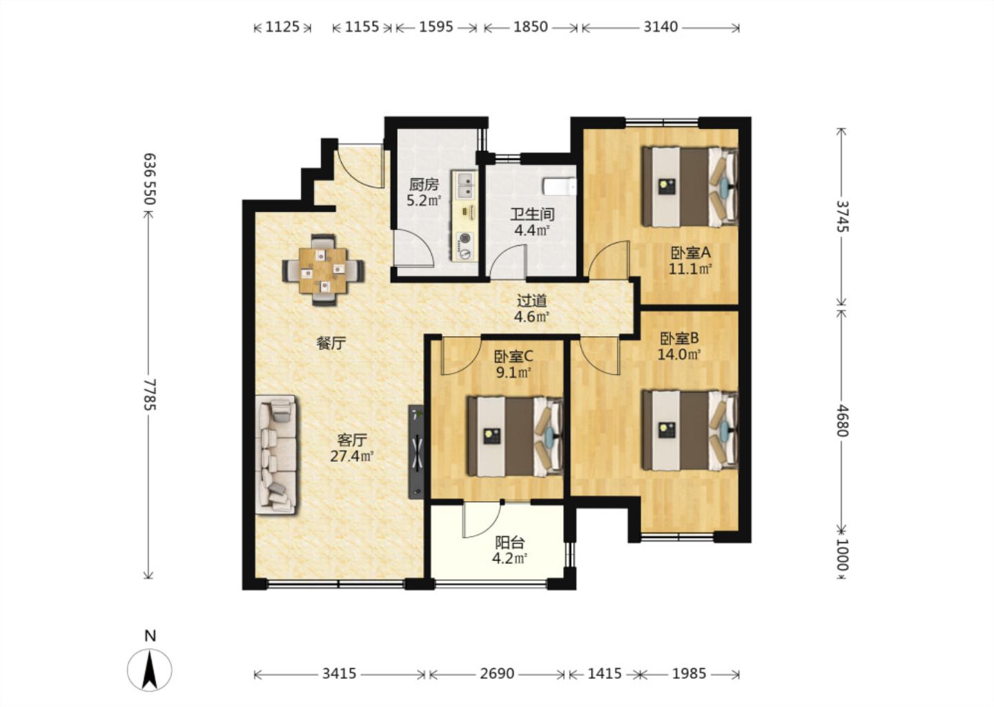 万科公园里一期 3室2厅1卫 100m&sup2;