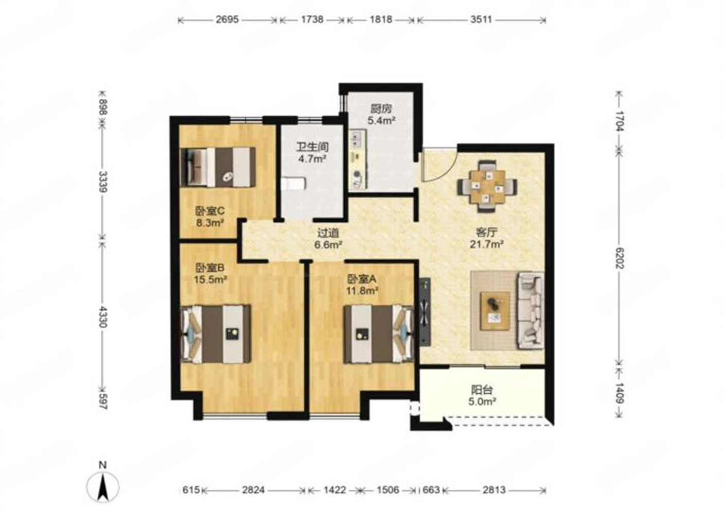 中海碧林湾 3室2厅1卫 98m&sup2;