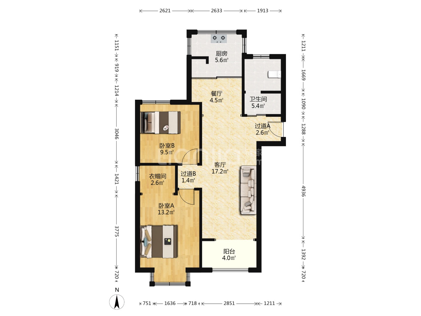幸福锦园 2室2厅2卫 81.77m&sup2;