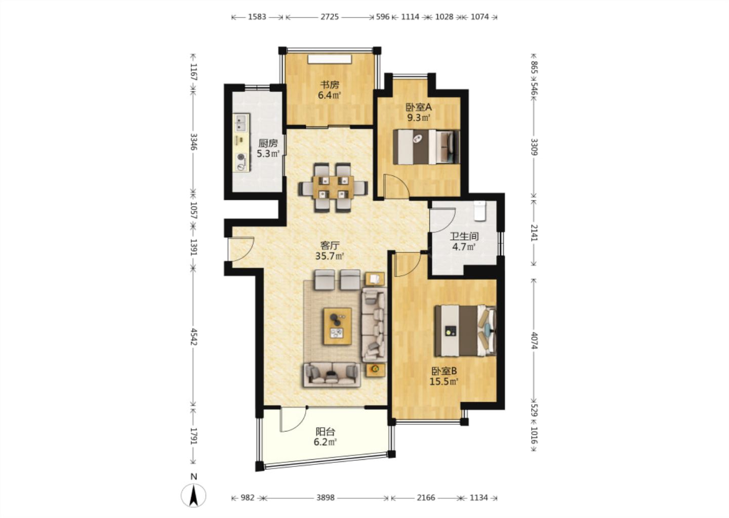 中南世纪城北区 2室2厅1卫 108.00m&sup2;