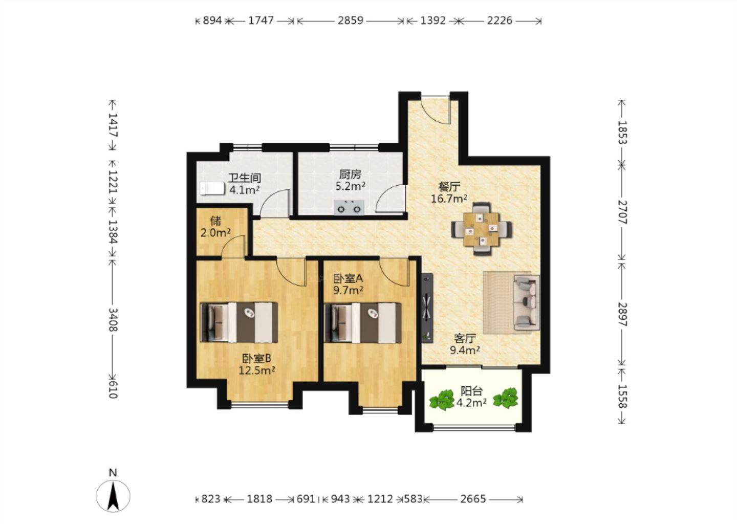 万科濠河传奇 2室2厅1卫 90.00m&sup2;