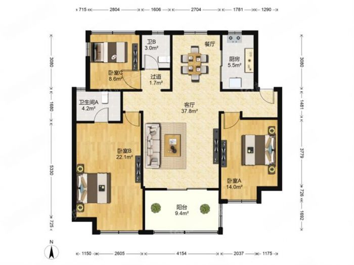 万科公园里一期 3室2厅2卫 120m&sup2;