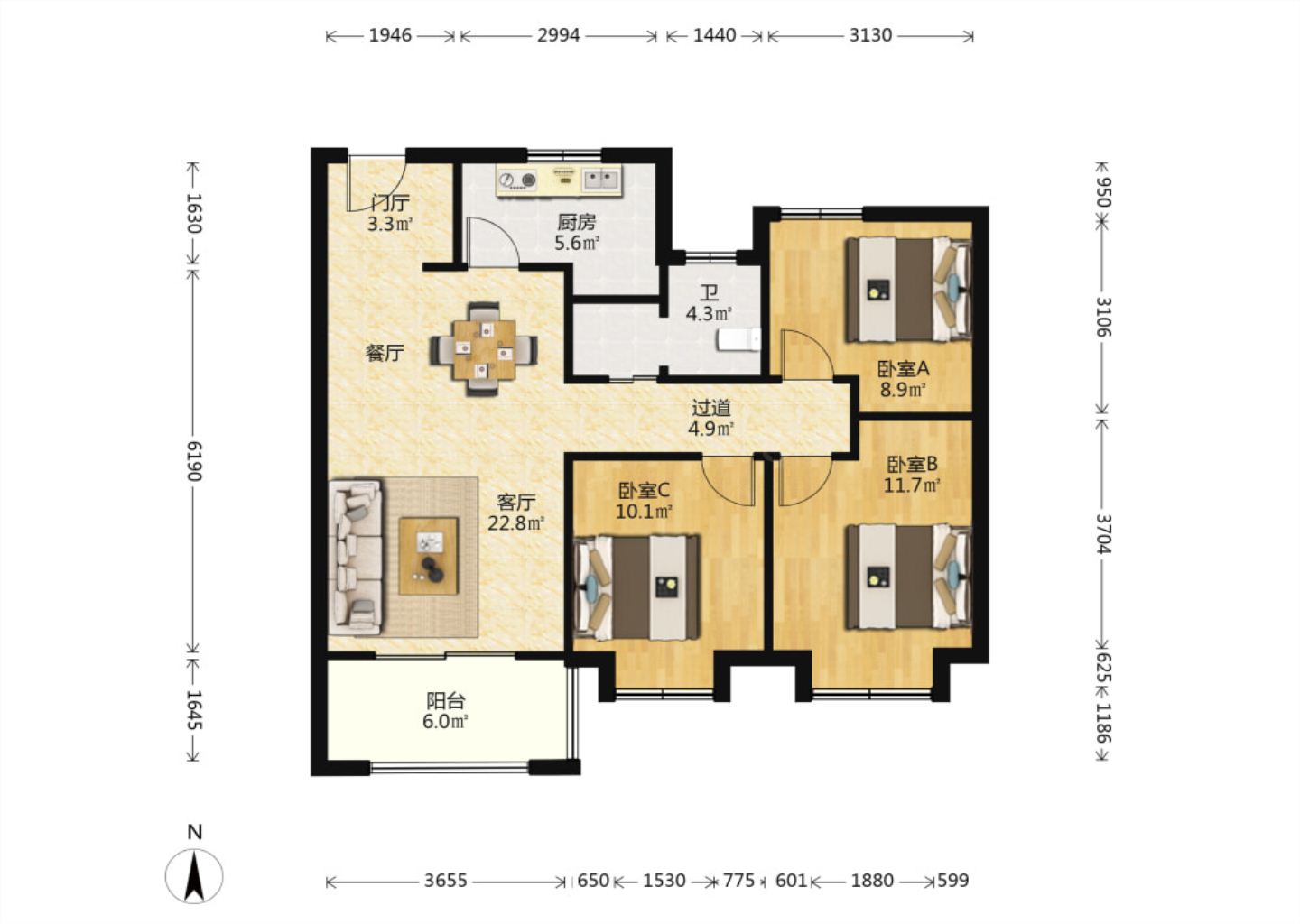 静海府 3室2厅1卫 95m&sup2;