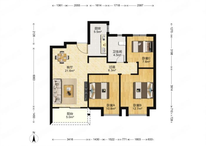 中海碧林湾 3室2厅1卫 97.24m&sup2;
