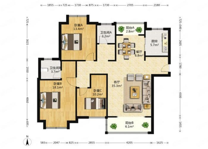 中南世纪花城二期 3室2厅2卫 140m&sup2;
