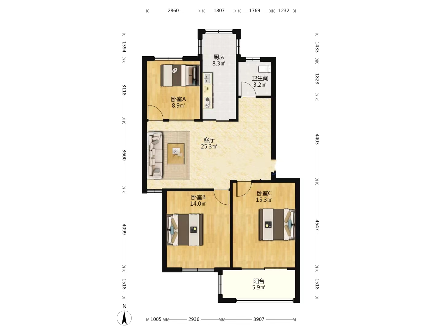 锦城苑 3室2厅1卫 115m&sup2;