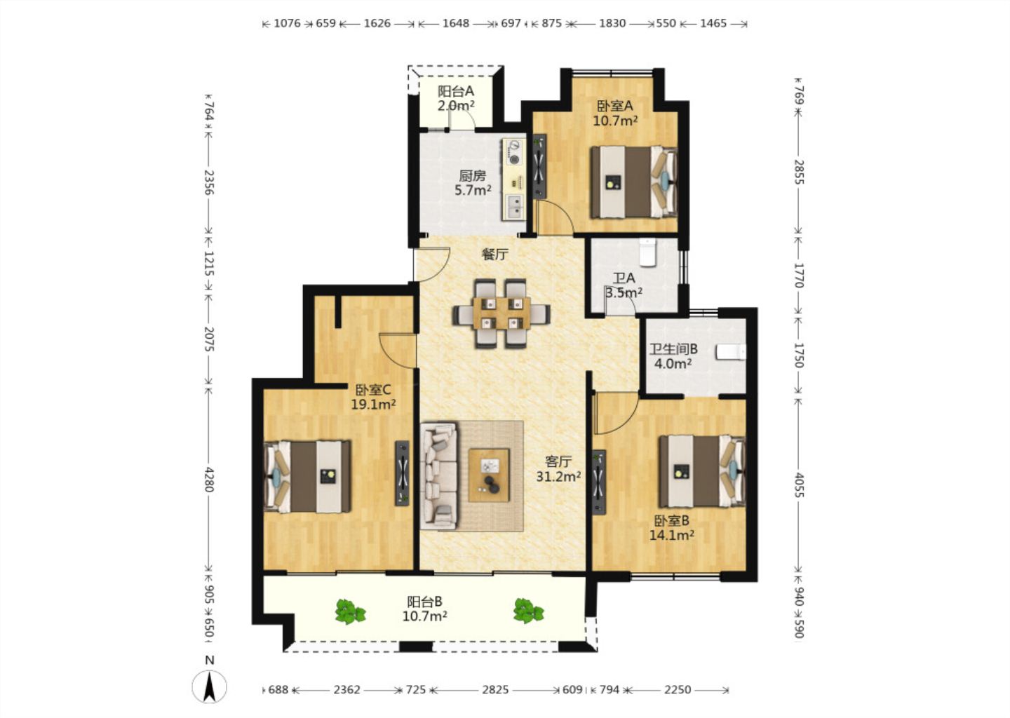 盛和九里香堤 3室2厅1卫 125m&sup2;