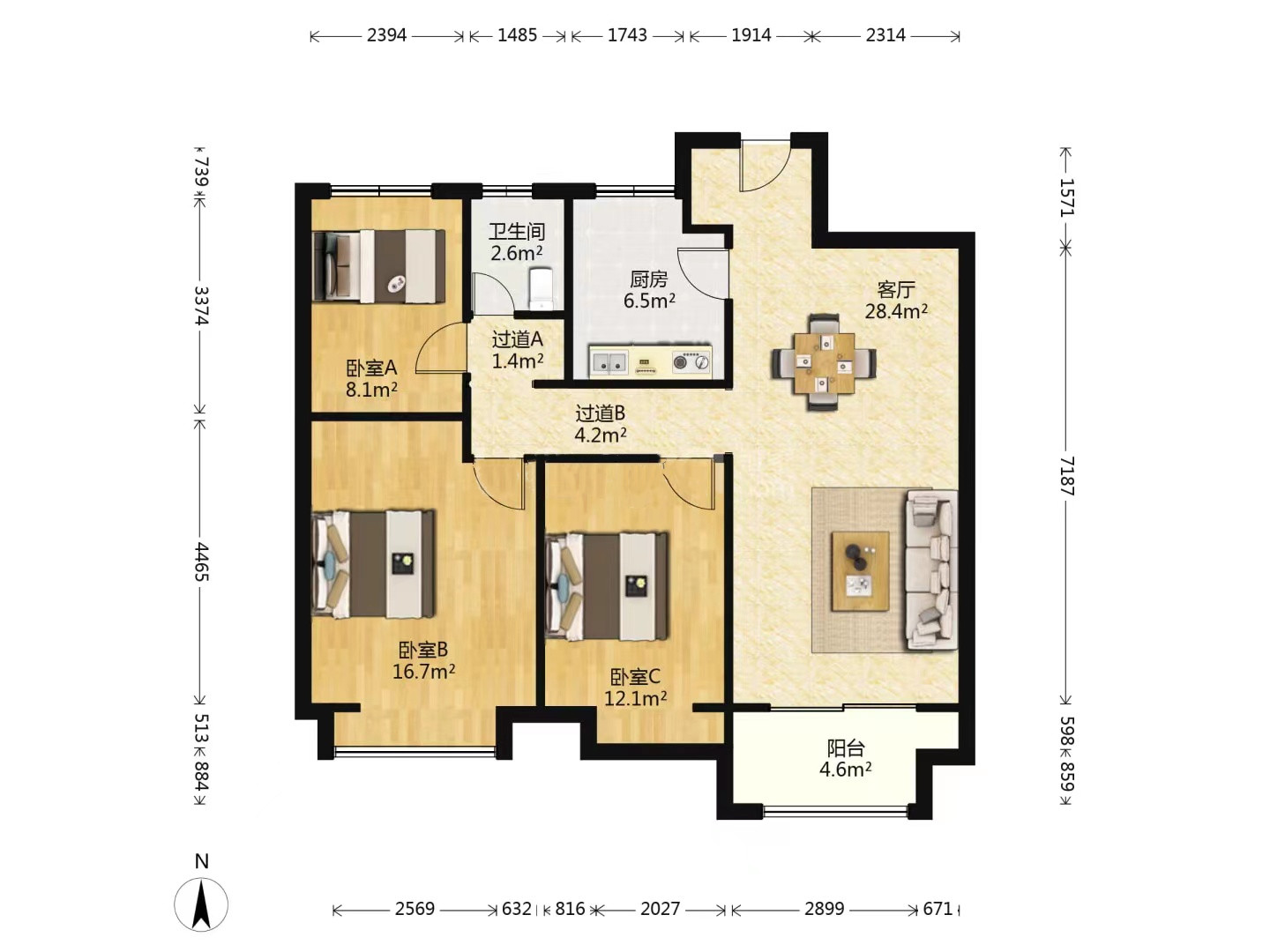 万科濠河传奇 3室2厅1卫 107.00m&sup2;