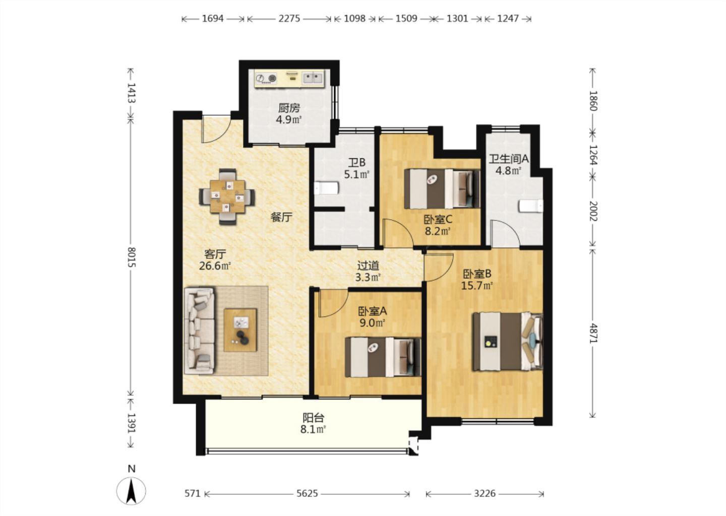 万科&middot;海上明月 3室2厅2卫 92.00m&sup2;