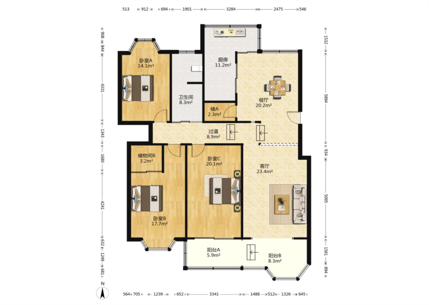 颐和花园 3室2厅1卫 165.14m&sup2;