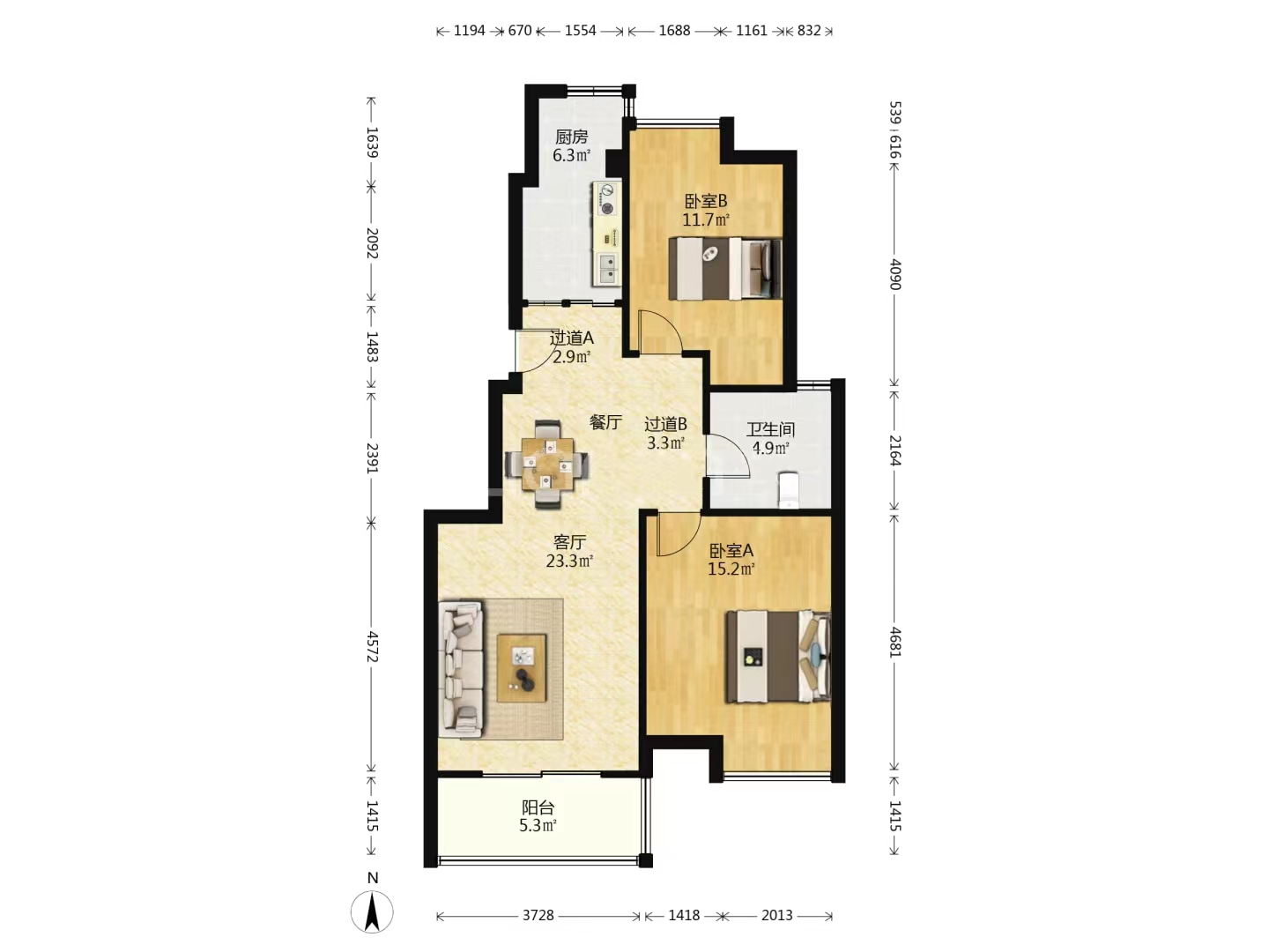 苏建阳光新城 2室2厅1卫 90m&sup2;