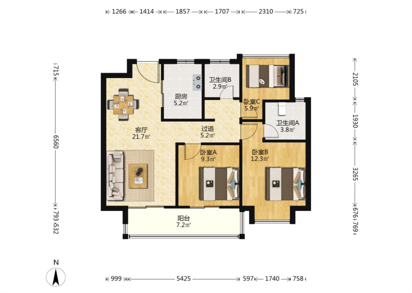 雍华府 3室2厅2卫 98.64m&sup2;