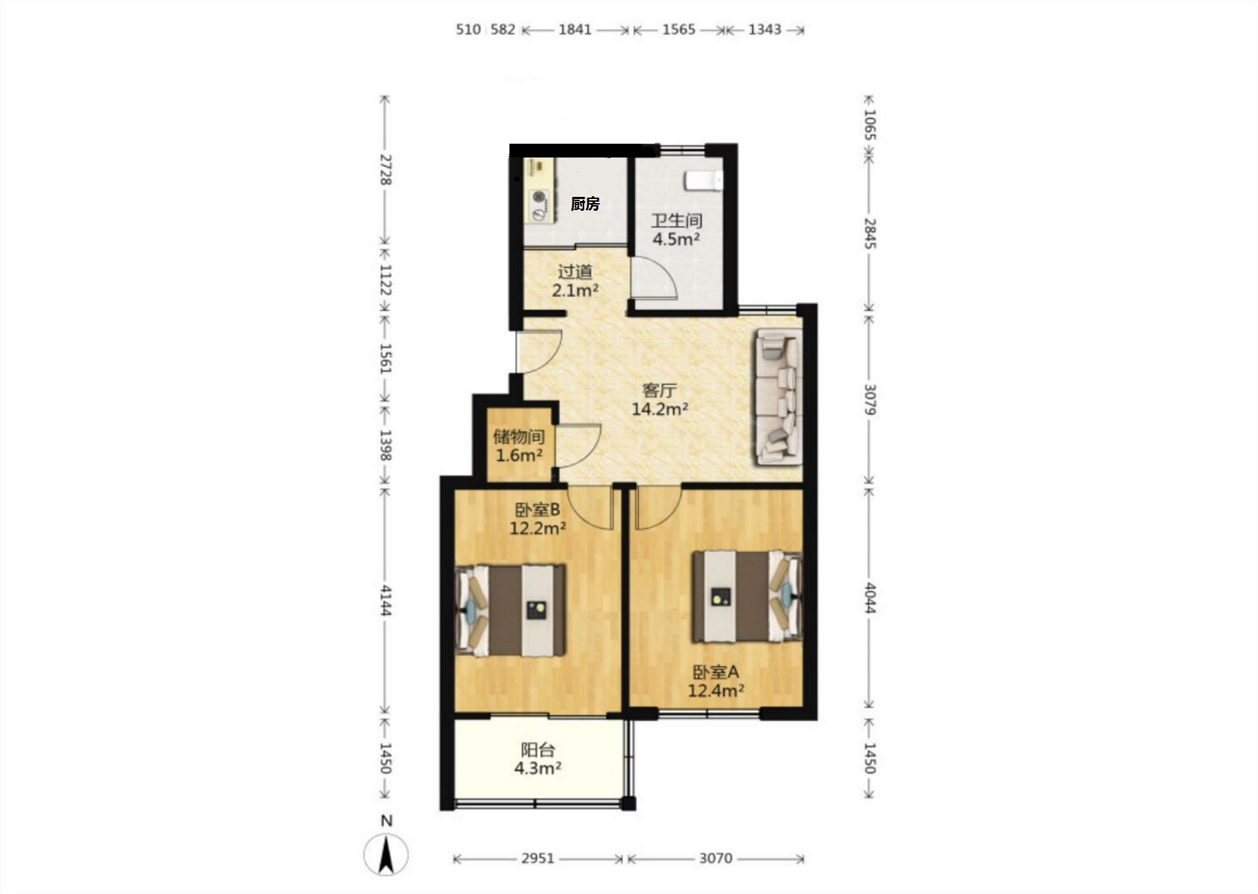 郭里园 2室1厅1卫 69.29m&sup2;