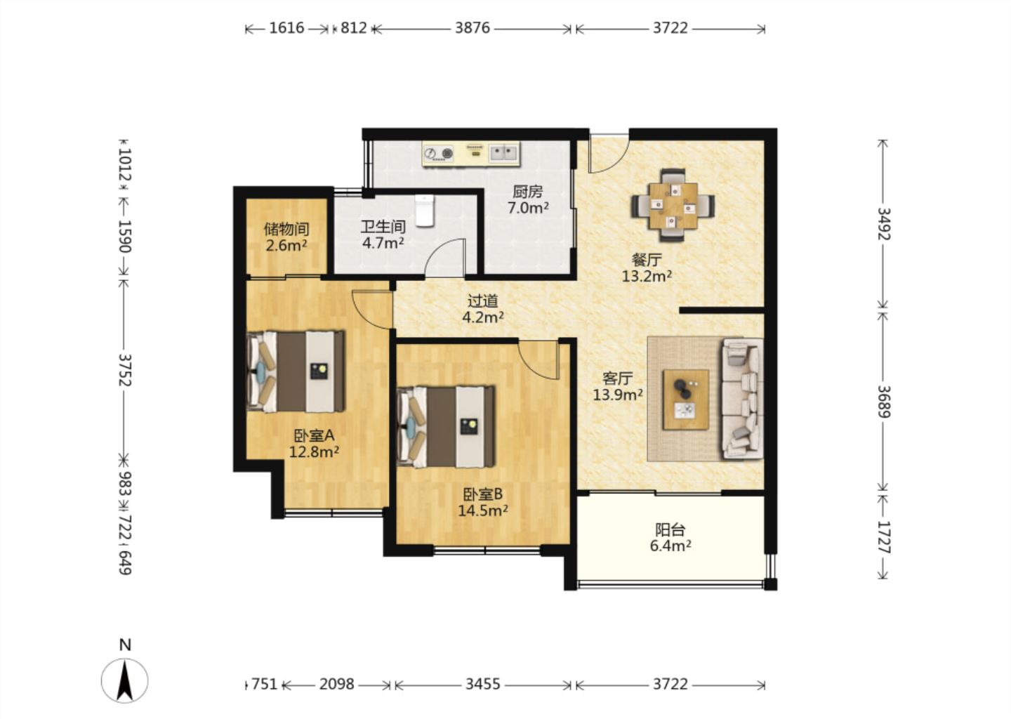 景华城 2室1厅1卫 102.00m&sup2;
