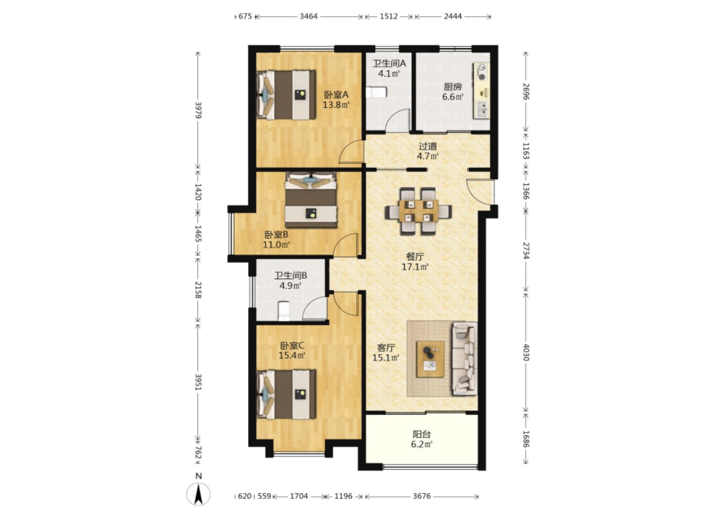 景华城 3室2厅2卫 133.37m²