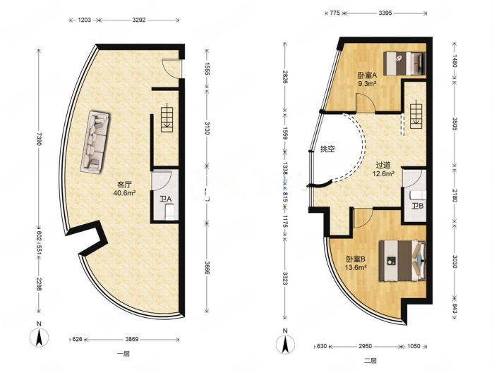 中南世纪城北区 2室2厅2卫 65m&sup2;