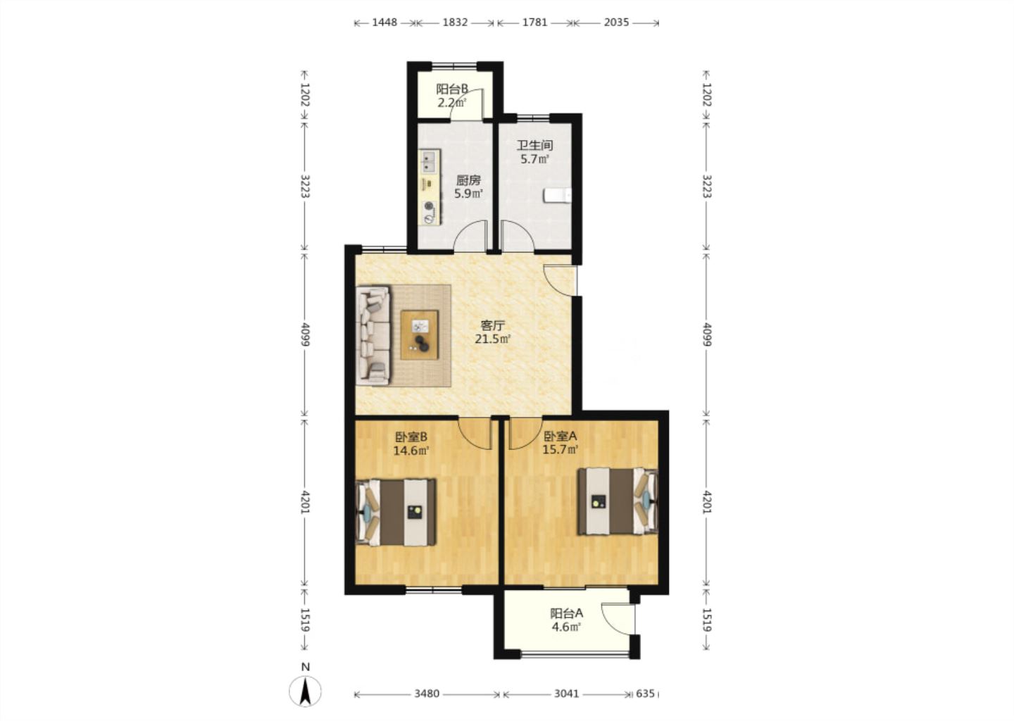 永兴福里南区 2室1厅1卫 96.05m&sup2;