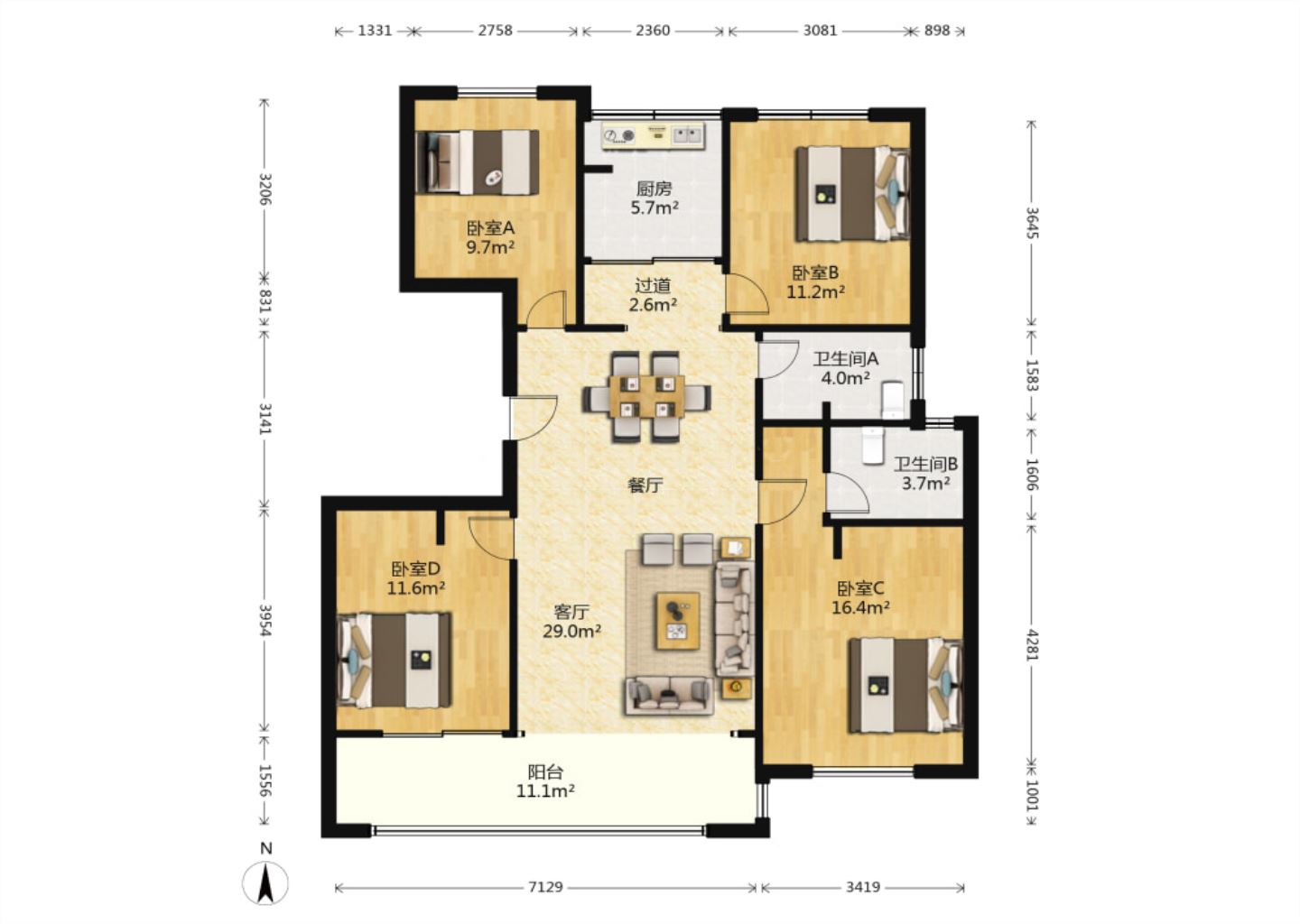 新城香溢紫郡 4室2厅2卫 123.11m&sup2;