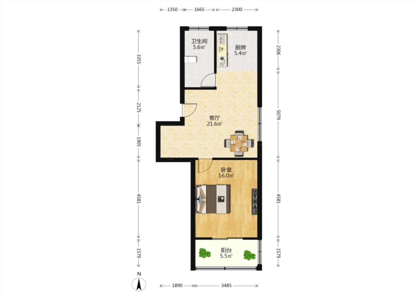 光明南村 1室1厅1卫 60m&sup2;