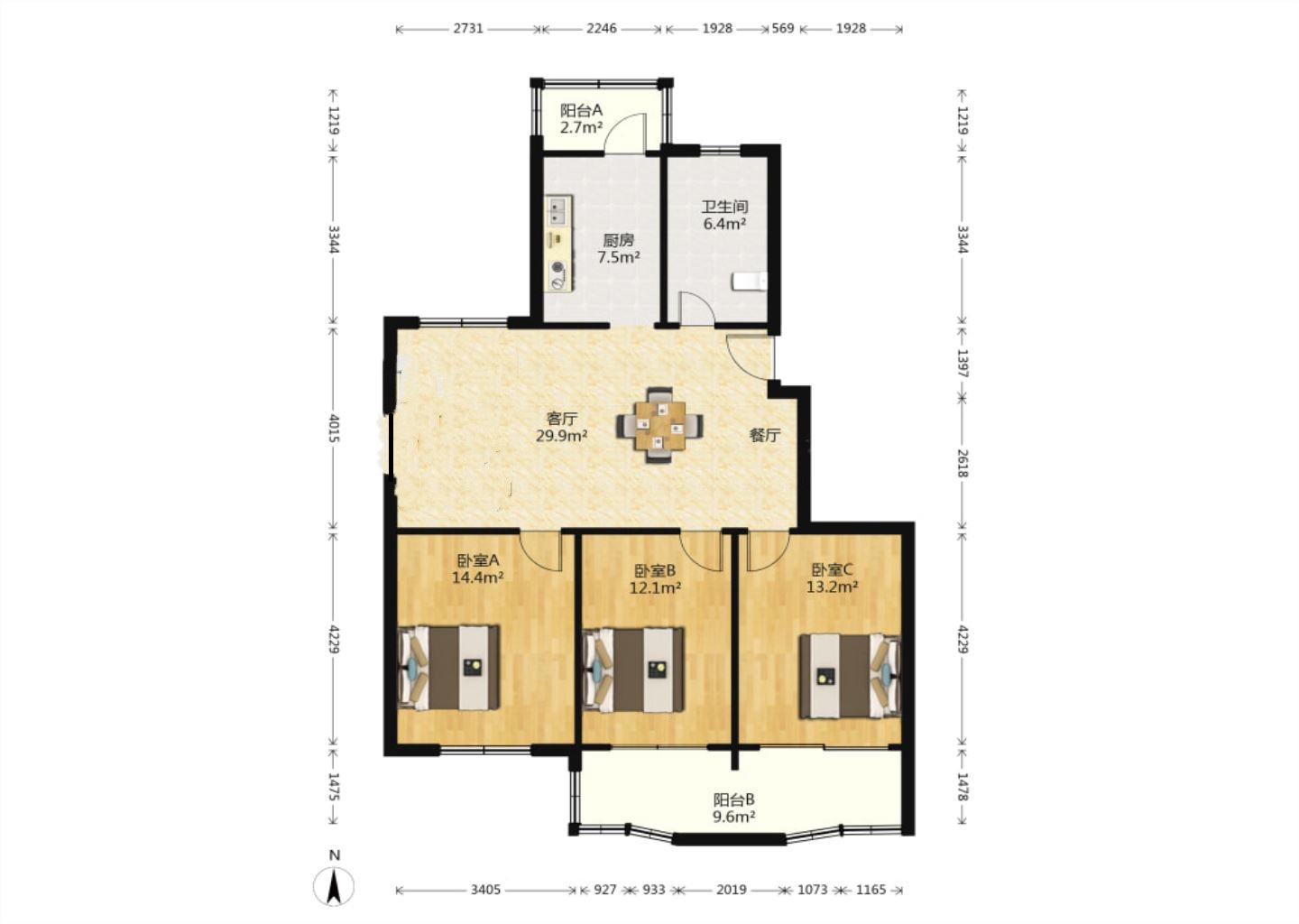幸福怡居 3室1厅1卫 125m&sup2;