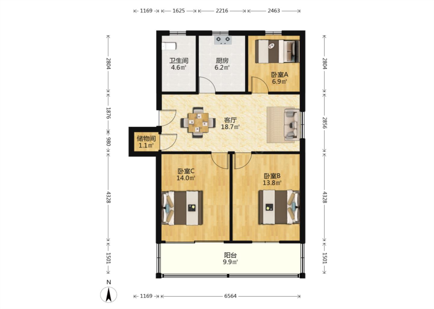 晨苑 3室1厅1卫 93m&sup2;