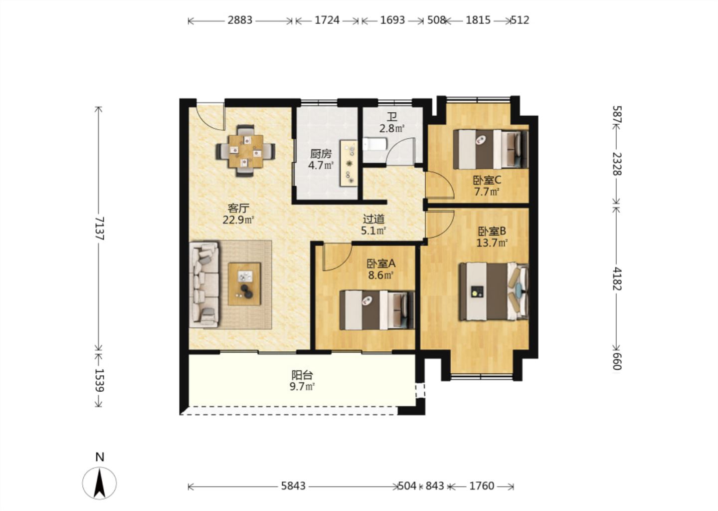 卓越府 3室1厅1卫 99m&sup2;