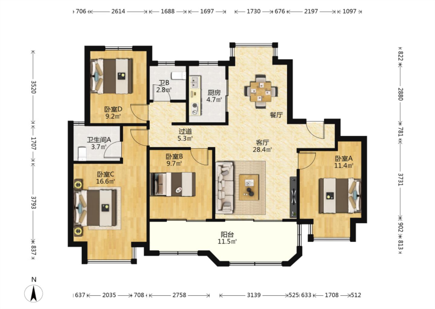佳期漫 4室2厅2卫 122m&sup2;