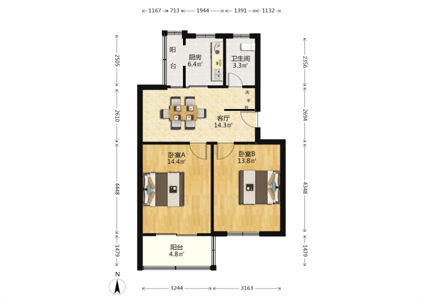 新桃园 2室1厅1卫 68.16m&sup2;