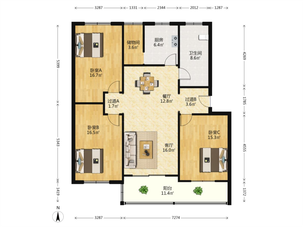 虹桥北村 3室2厅1卫 134m&sup2;
