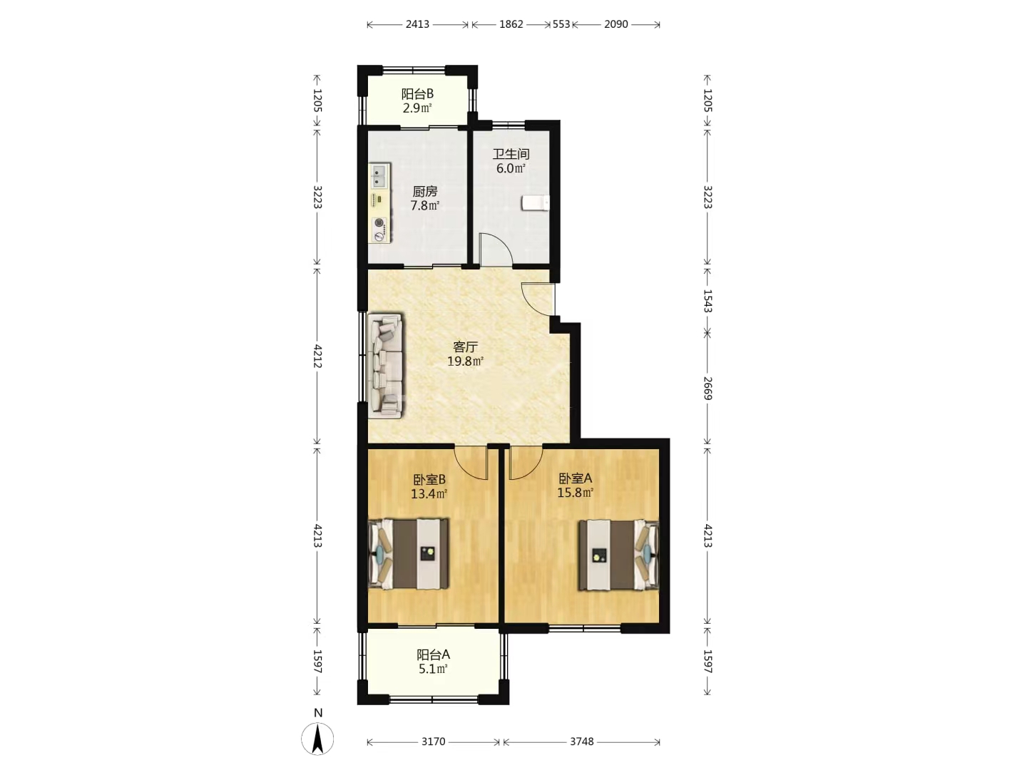 江海东苑 2室1厅1卫 96.38m&sup2;