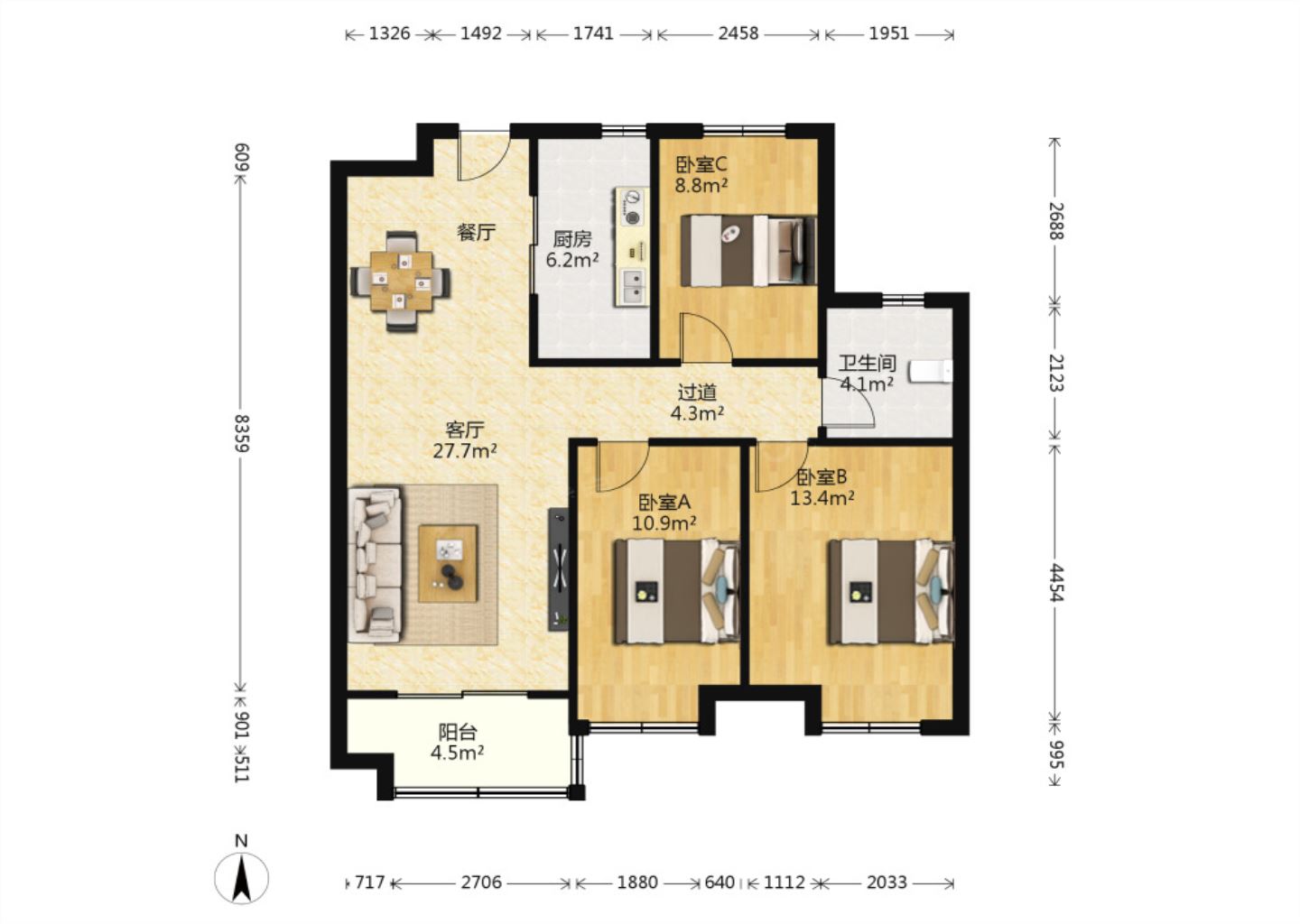 保利香槟国际 3室2厅1卫 88.00m&sup2;