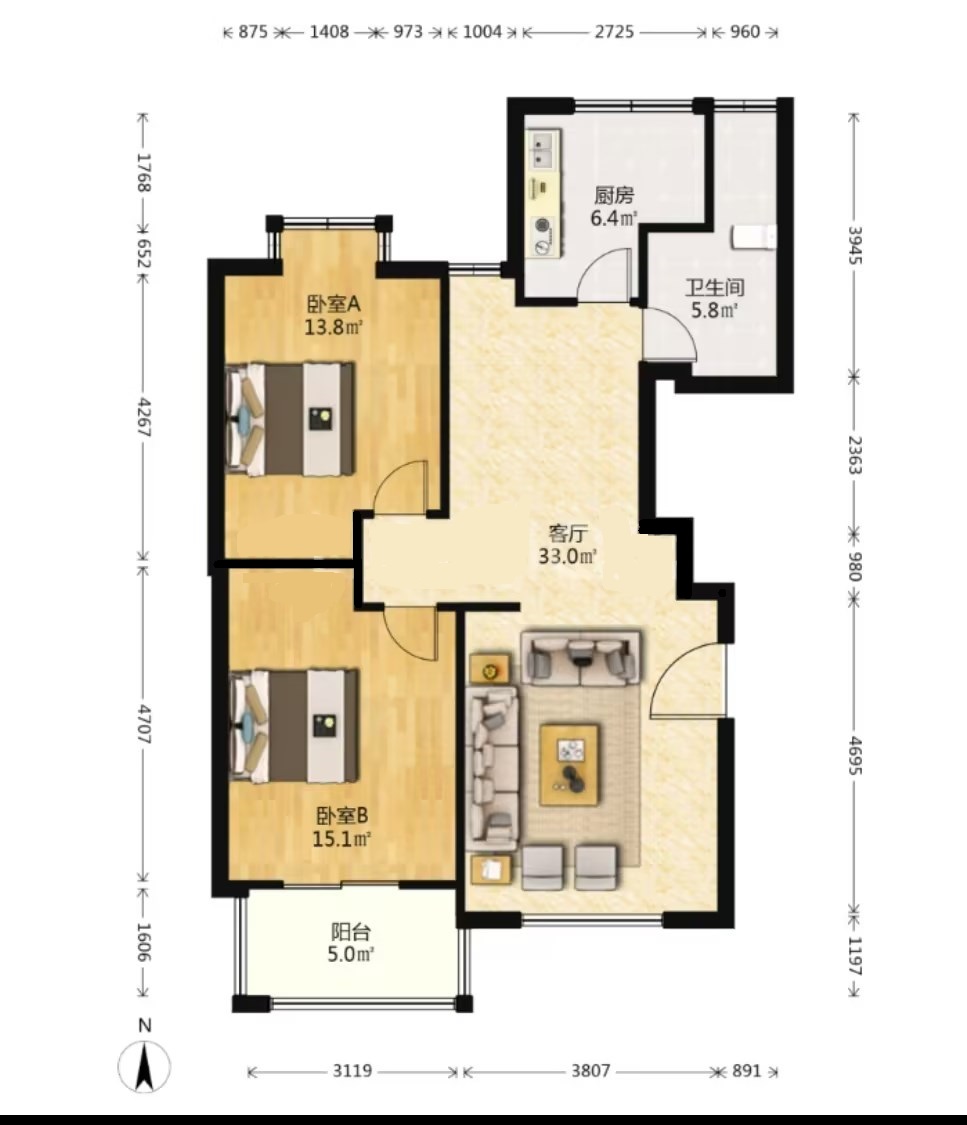 东方鑫乾大厦 2室2厅1卫 105.00m&sup2;