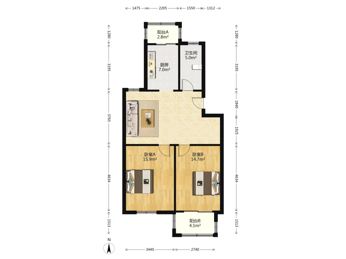 新港花苑 2室2厅1卫 90m&sup2;