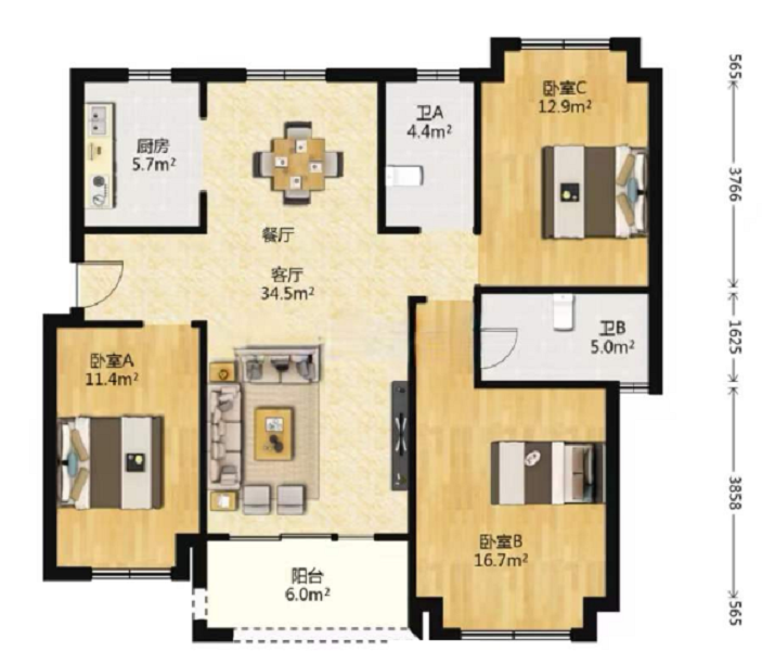 南通雅居乐花园 3室2厅2卫 127m&sup2;